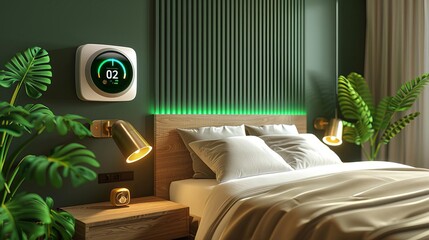 Modern bedroom with a smart thermostat being adjusted, illustrating the role of smart heating solutions in green living technology