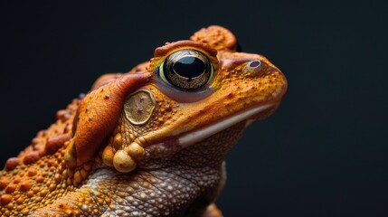 Poster - A close up of a frog's face on a black background. Suitable for educational materials