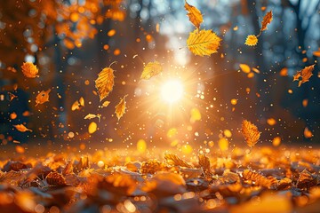Wall Mural - Beautiful autumn landscape with yellow trees and sun. Colorful foliage in the park. Falling leaves natural background