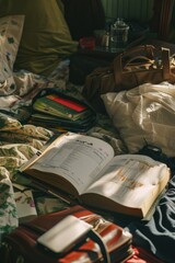 Poster - An open book sitting on top of a bed. Suitable for educational or relaxation themes