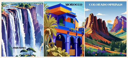 Wall Mural - Set of Travel Destination Posters in retro style. Colorado Springs, USA, Zimbabwe, Morocco prints. Summer vacation, holidays concept. Vintage vector illustrations.