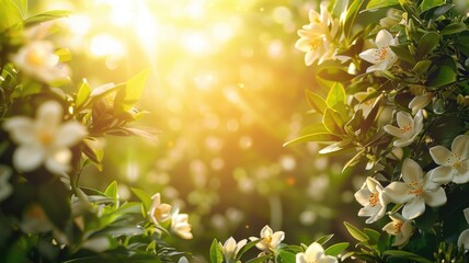 Wall Mural - Sunlit garden with blooming white flowers, lush green leaves, and warm golden light