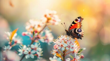 Wall Mural - Vibrant butterfly on blooming flowers in sunlit, serene garden