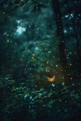 Poster - A yellow firefly flying through a forest. Ideal for nature and wildlife concepts