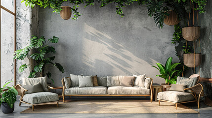 Wall Mural - 3D interior design of a contemporary living room with a white sofa, black chair, and green decor