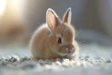 Poster - Peaceful young rabbit rests on a cozy surface, bathed in gentle sunlight