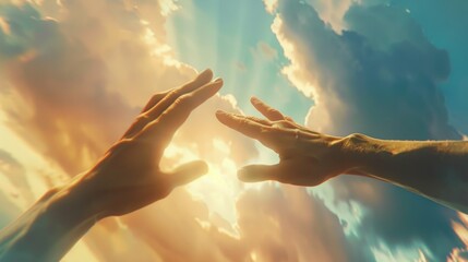 Poster - Two hands reaching up into the sky with clouds in the background. Suitable for inspirational or spiritual concepts