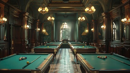 Poster - A row of pool tables in a spacious room. Ideal for sports and leisure concepts