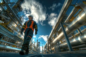 Poster - A man wearing an orange safety vest walking through a factory. Suitable for industrial and workplace safety concepts