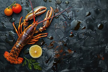 Wall Mural - Fresh lobster served with lemon slices and tomatoes, perfect for seafood restaurant menu
