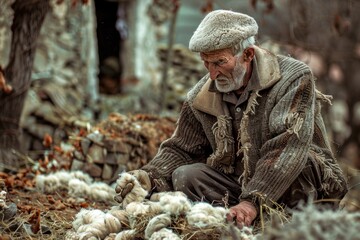 Poster - A man sitting on the ground next to a pile of sheep. Suitable for agriculture or farming concepts