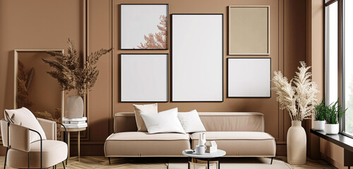 Wall Mural - Minimalist blank gallery on a soft taupe wall, sleek and elegant setup