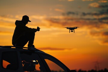 Poster - Man sitting on top of car with remote control. Suitable for automotive and technology concepts