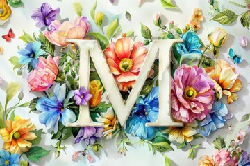 Poster - Vibrant flowers encircling the letter M, suitable for various design projects