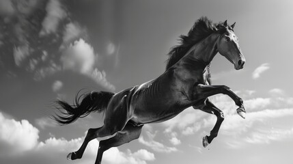 Aufkleber - A stunning black and white photo of a horse jumping in the air. Perfect for equestrian events or sports themes