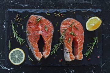 Wall Mural - Fresh salmon fillets served on a black plate with sliced lemons and pepper. Ideal for food and cooking concepts