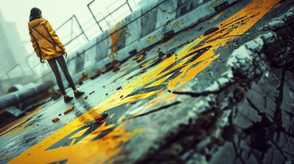 Aufkleber - A person in a yellow jacket standing on a roof. Perfect for urban and construction themes