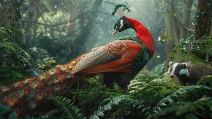 Poster - Majestic peacock standing in a vibrant forest, ideal for nature concepts