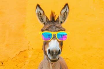 Aufkleber - A donkey wearing sunglasses against a bright yellow wall. Suitable for summer-themed designs