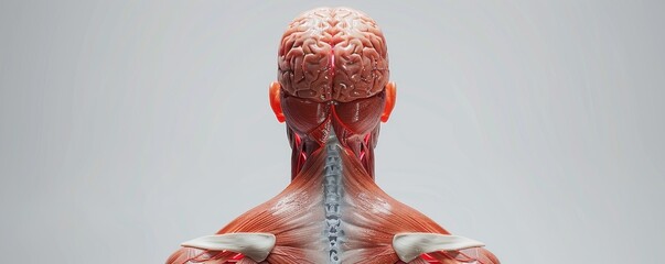 Anatomical illustration of the human body, showing all systems and muscles with clear details, white background, full back view, brain in focus