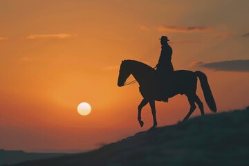 Aufkleber - Silhouette of a man riding a horse at sunset, perfect for outdoor and equestrian-themed projects