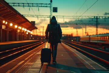 Poster - Person standing on train platform with suitcase, suitable for travel concepts