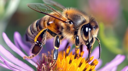 Wall Mural - Close-up of bee collecting nectar from vibrant flower