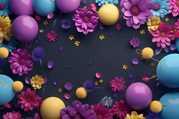 Poster - 3D render of colorful balloons and flowers in purple, blue, yellow, pink colors on a dark background
