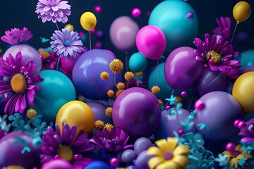 Poster - 3D render of colorful balloons and flowers in purple, blue, yellow, pink colors on a dark background
