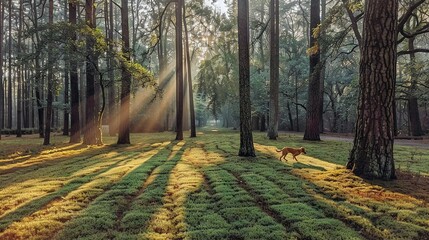 Wall Mural -   A dog wanders through a lush forest of towering trees and verdant grass