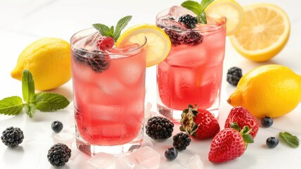 Wall Mural - Refreshing pink lemonade with berries, lemon slices, and ice cubes