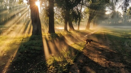 Wall Mural -   A dog strolls through a foggy forest trail with sunlight filtering through tree branches overhead