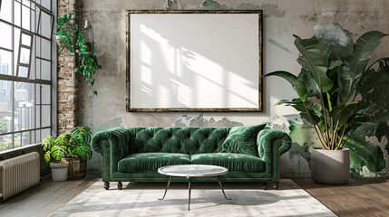 Wall Mural - Blank white wall in a modern apartment with a comfortable lounge area and green plants