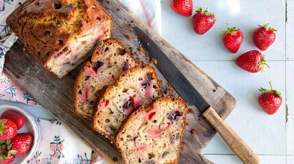 Wall Mural -   A sliced loaf of strawberry bread on a cutting board next to a bowl of strawberries