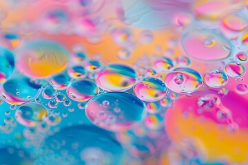 Poster - A closeup of colorful oil droplets on water, forming abstract shapes and patterns
