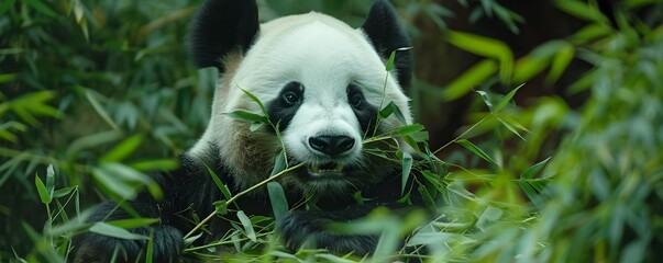 Sticker - Giant Panda Peacefully Feasting on Bamboo Amidst Lush Foliage in Serene Wildlife Setting