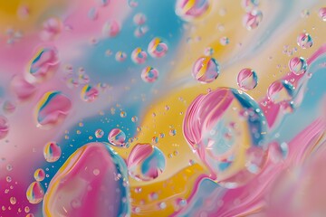 Poster - A closeup of colorful oil droplets on water, forming abstract shapes and patterns
