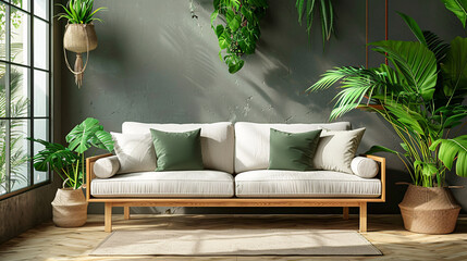 Poster - Contemporary home interior with a stylish sofa, green plants, and wooden furniture