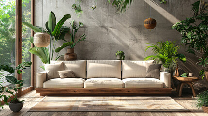 Wall Mural - Contemporary home interior with a stylish sofa, green plants, and wooden furniture