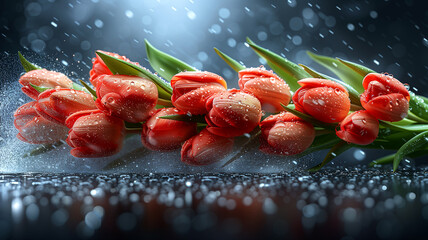 Wall Mural - A bouquet of red and pink tulips is shown in a blurry, wet, and rainy setting