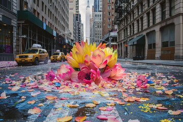 flowers and bloom burst explosion on the street of New York downtown