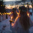 © Thares2020 - Enchanting Lucia Day Procession with Ethereal Candlelit Gowns in Serene Winter Landscape