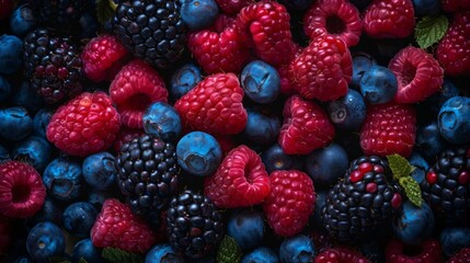 Vibrant assortment of fresh berries, showcasing their rich colors and detailed textures
