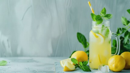 Wall Mural - Fresh lemonade in glass jar with mint and lemons, served on rustic table ice cubes