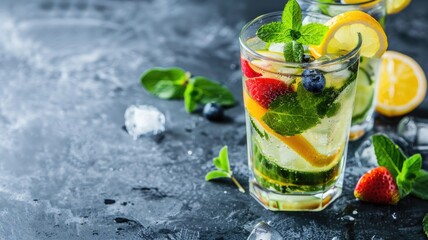Wall Mural - Refreshing summer drink with lemon, mint, and berries in iced glass