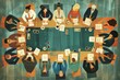 © Dina - diverse business people at conference in progress in office flat lay illustration view from above
