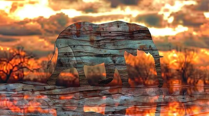 Wall Mural -   Elephant painted digitally, traversing water and facing a cloudy sunset