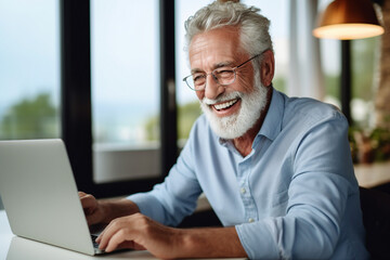 Sticker - Portrait of happy elderly person browsing sms message modern netbook generative AI