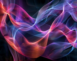 Wall Mural - Abstract background with swirling neon pink, blue and orange light trails on a dark background.