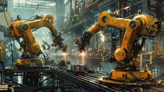 Steam-powered robots working in a factory  